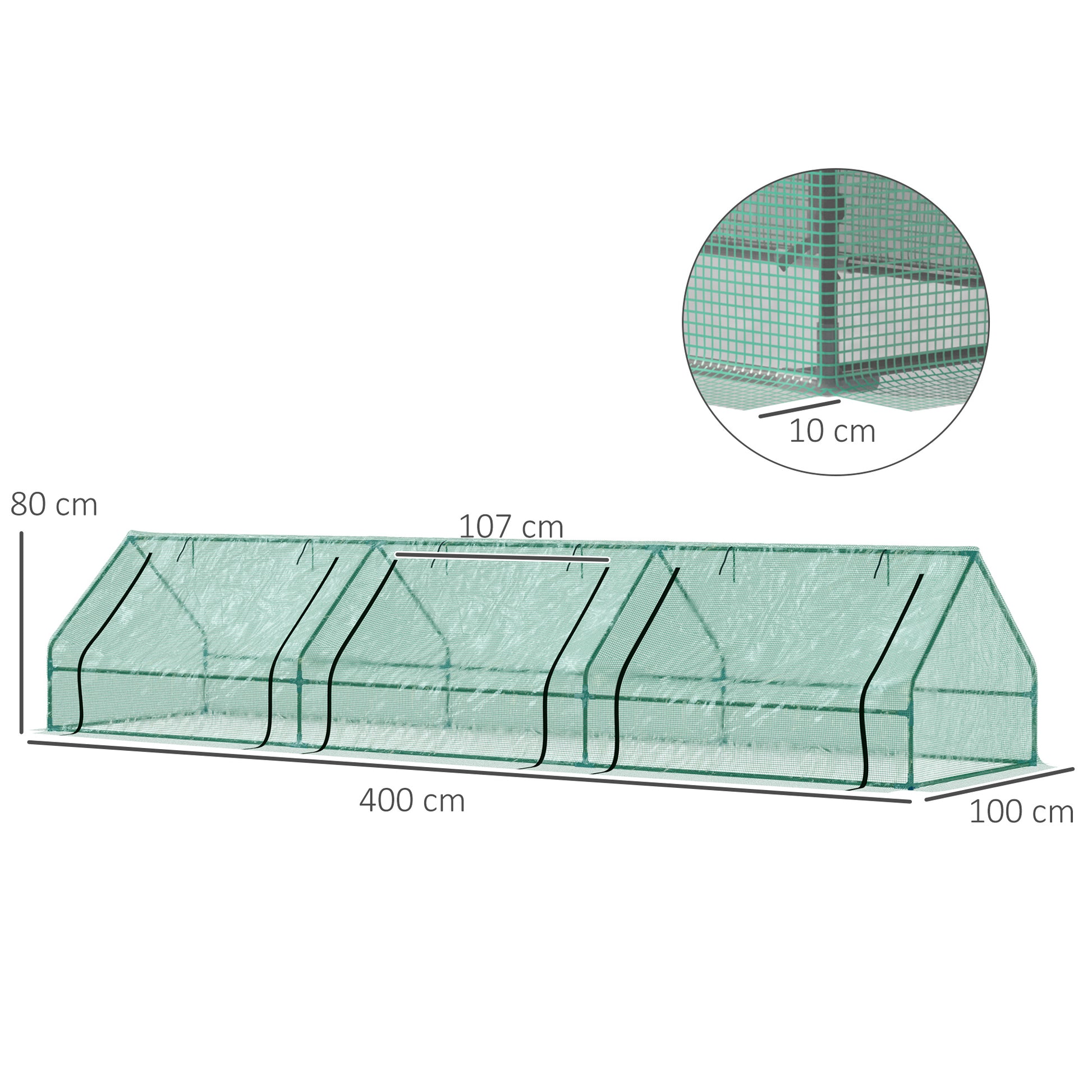 Waterproof and Anti-UV Garden Greenhouse with 3 Roll-Up Windows, Mini Plant Greenhouse in Steel and Polyethylene, 400x100x80 cm, Green