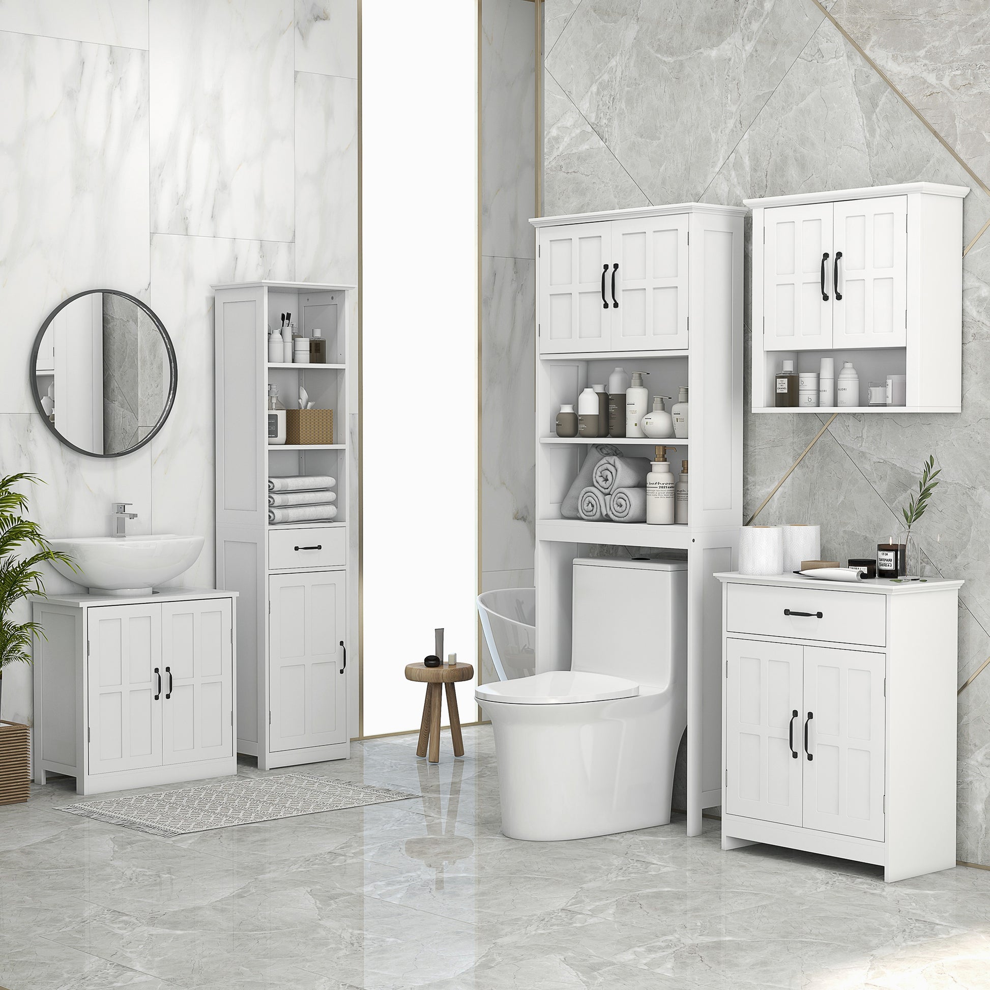 Over-the-Toilet Cabinet for Washer with 2 Doors Open Shelves and Adjustable Shelf Bathroom Cabinet 66x23x178 cm White