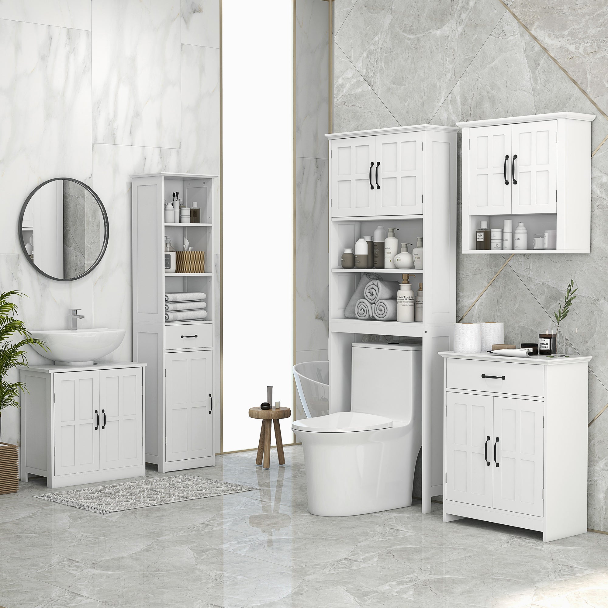 Over-the-Toilet Cabinet for Washer with 2 Doors Open Shelves and Adjustable Shelf Bathroom Cabinet 66x23x178 cm White