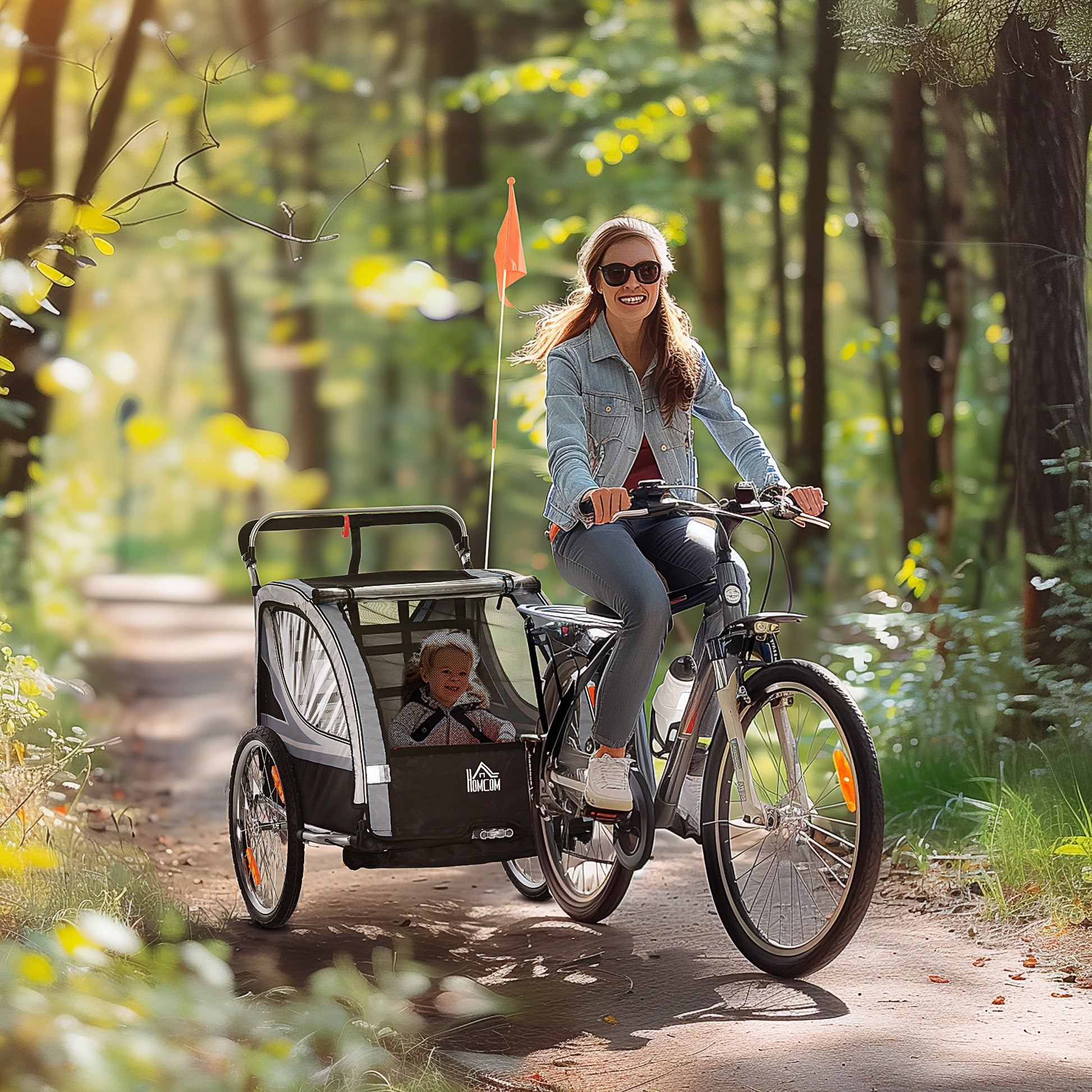 2 in 1 Kids Bike Trailer Folding Bicycle Trailer with Removable Front Wheel, Rear Brakes, Kids Bike Trailer for 2 Children from 18 Months, up to 26.4 kg Load Capacity, Gray