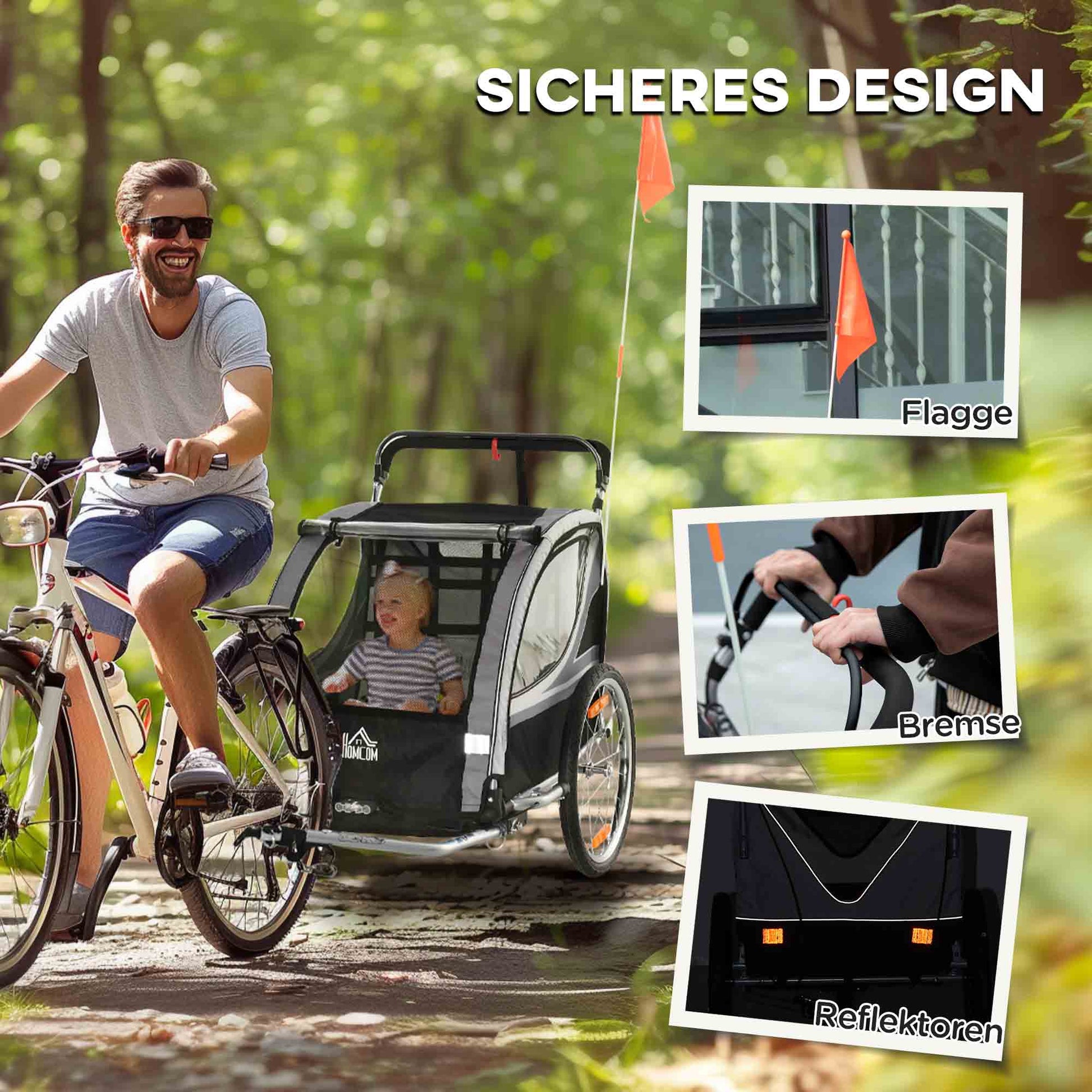 2 in 1 Kids Bike Trailer Folding Bicycle Trailer with Removable Front Wheel, Rear Brakes, Kids Bike Trailer for 2 Children from 18 Months, up to 26.4 kg Load Capacity, Gray