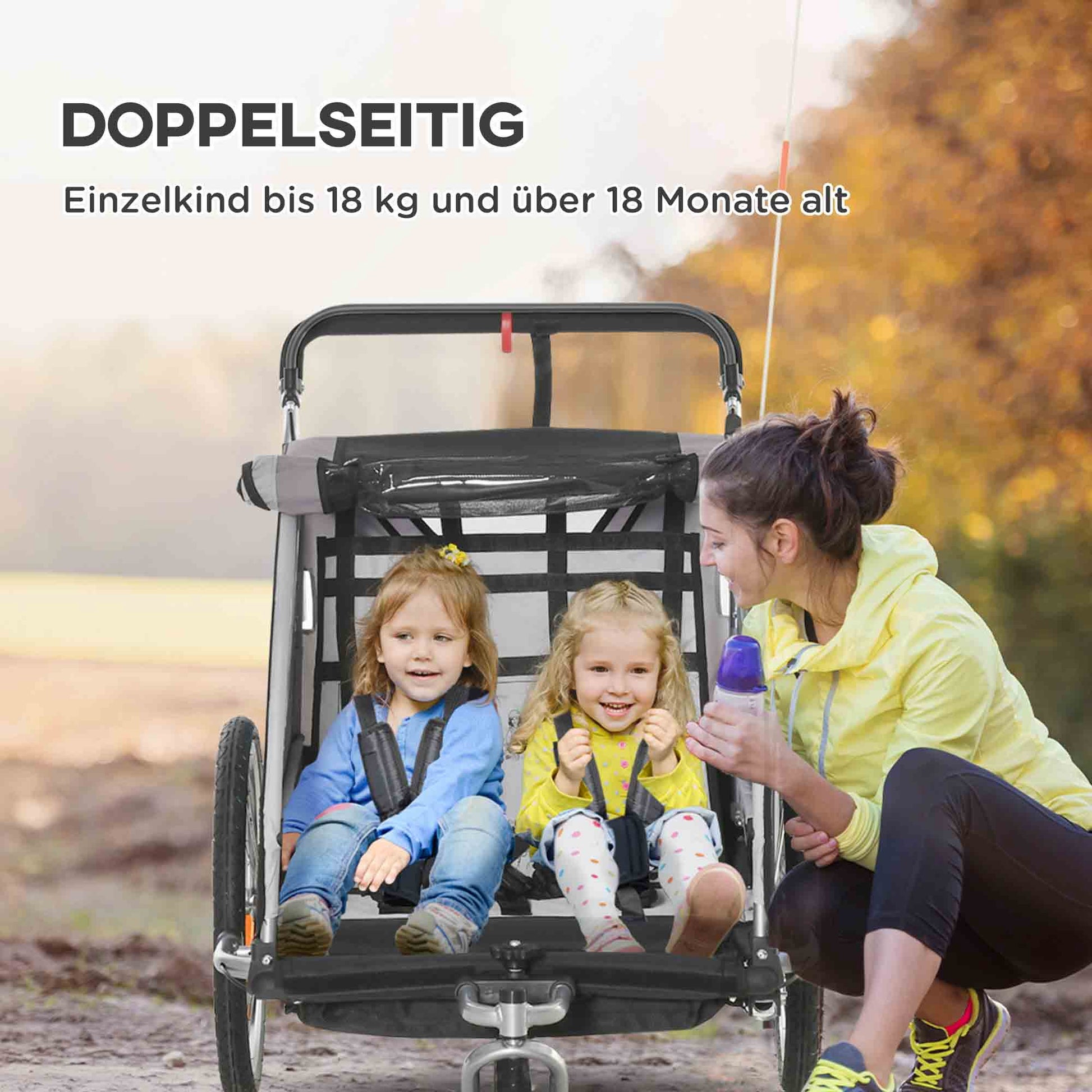 2 in 1 Kids Bike Trailer Folding Bicycle Trailer with Removable Front Wheel, Rear Brakes, Kids Bike Trailer for 2 Children from 18 Months, up to 26.4 kg Load Capacity, Gray