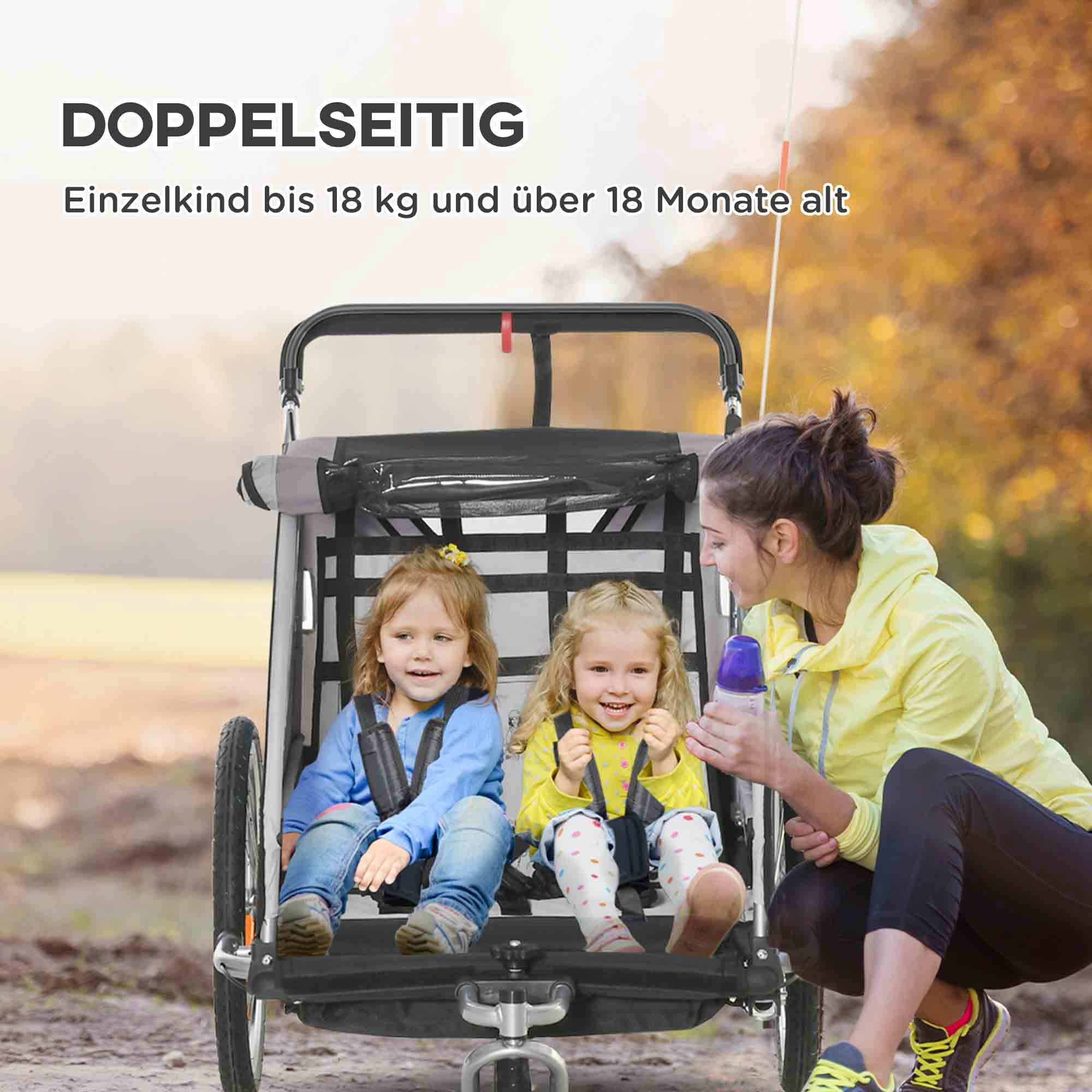 2 in 1 Kids Bike Trailer Folding Bicycle Trailer with Removable Front Wheel, Rear Brakes, Kids Bike Trailer for 2 Children from 18 Months, up to 26.4 kg Load Capacity, Gray