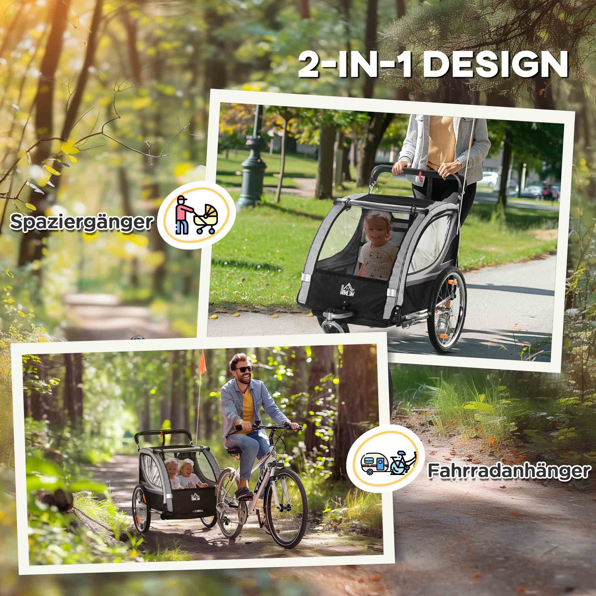 2 in 1 Kids Bike Trailer Folding Bicycle Trailer with Removable Front Wheel, Rear Brakes, Kids Bike Trailer for 2 Children from 18 Months, up to 26.4 kg Load Capacity, Gray