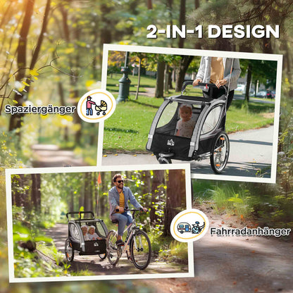 2 in 1 Kids Bike Trailer Folding Bicycle Trailer with Removable Front Wheel, Rear Brakes, Kids Bike Trailer for 2 Children from 18 Months, up to 26.4 kg Load Capacity, Gray