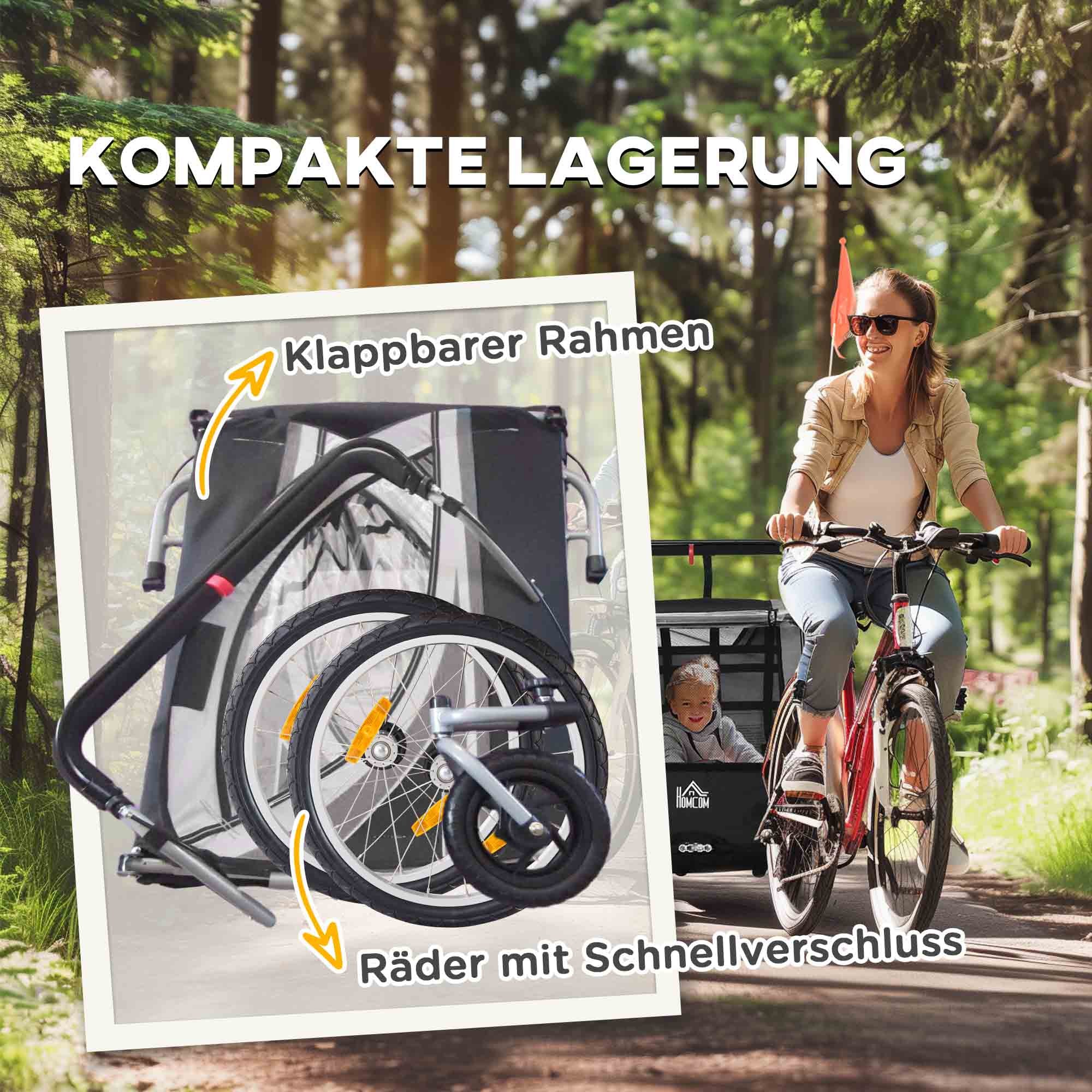 2 in 1 Kids Bike Trailer Folding Bicycle Trailer with Removable Front Wheel, Rear Brakes, Kids Bike Trailer for 2 Children from 18 Months, up to 26.4 kg Load Capacity, Gray