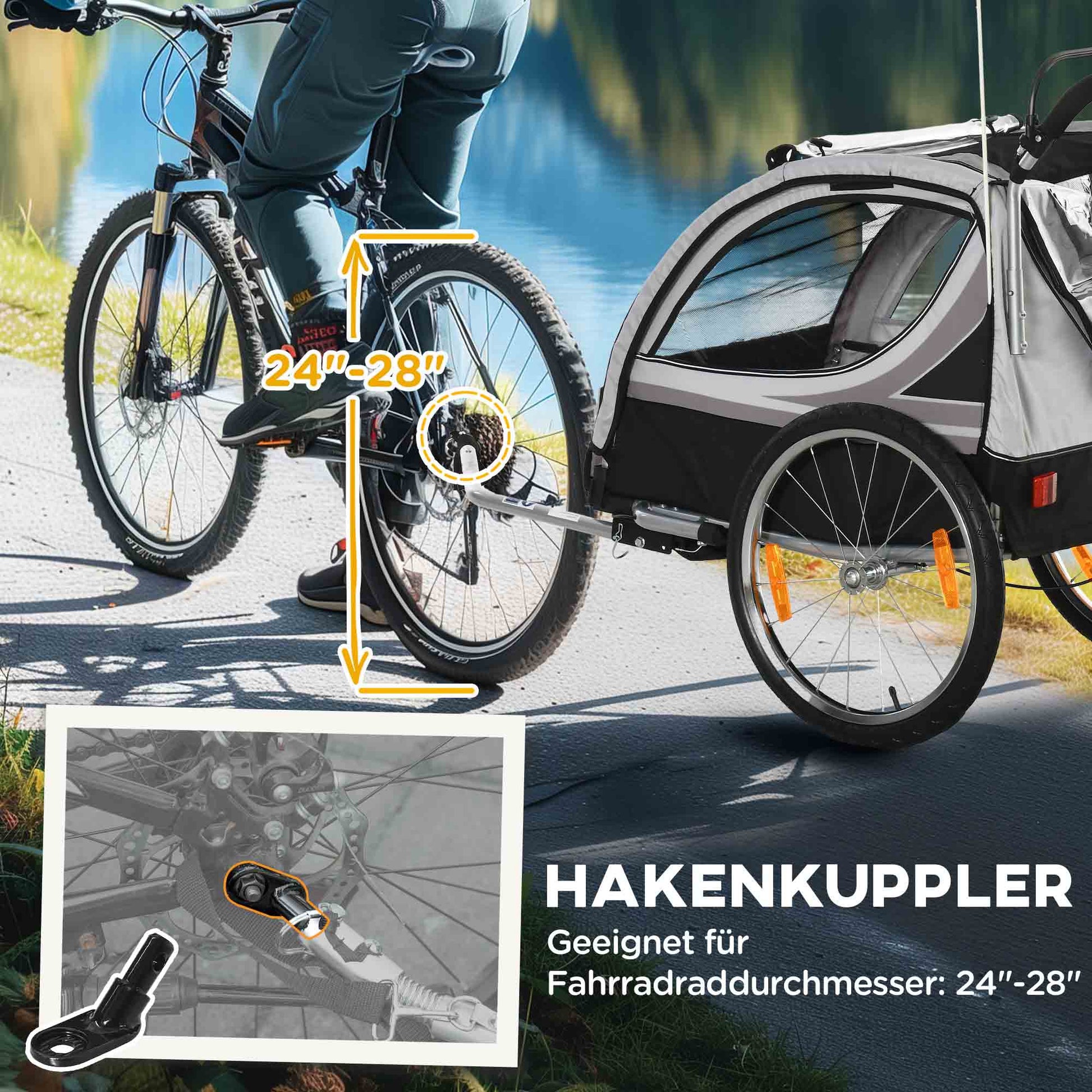 2 in 1 Kids Bike Trailer Folding Bicycle Trailer with Removable Front Wheel, Rear Brakes, Kids Bike Trailer for 2 Children from 18 Months, up to 26.4 kg Load Capacity, Gray