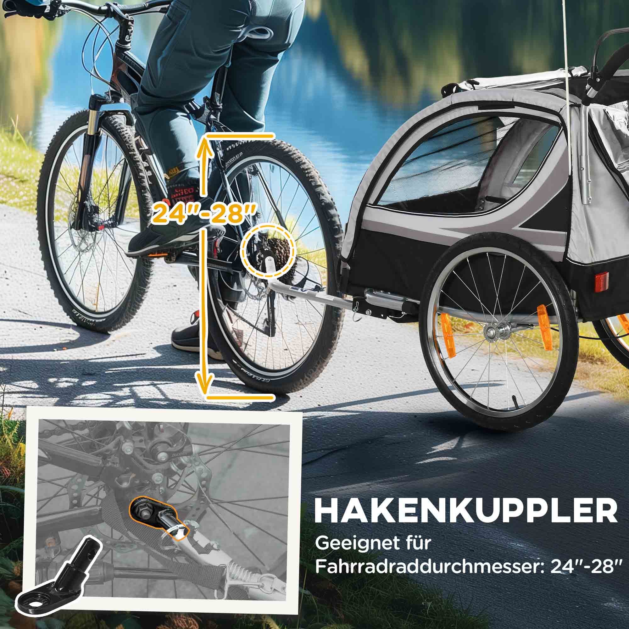 2 in 1 Kids Bike Trailer Folding Bicycle Trailer with Removable Front Wheel, Rear Brakes, Kids Bike Trailer for 2 Children from 18 Months, up to 26.4 kg Load Capacity, Gray