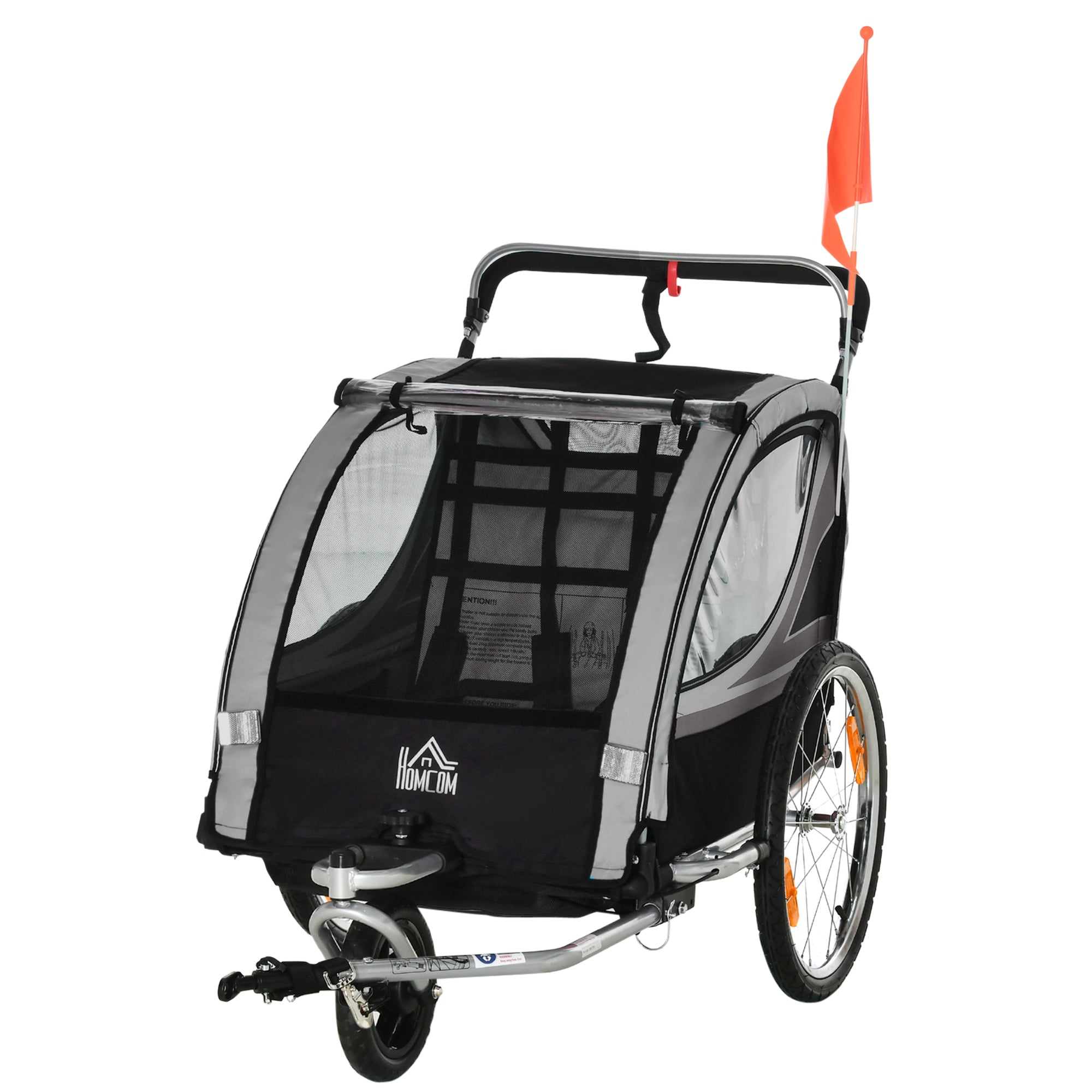 2 in 1 Kids Bike Trailer Folding Bicycle Trailer with Removable Front Wheel, Rear Brakes, Kids Bike Trailer for 2 Children from 18 Months, up to 26.4 kg Load Capacity, Gray