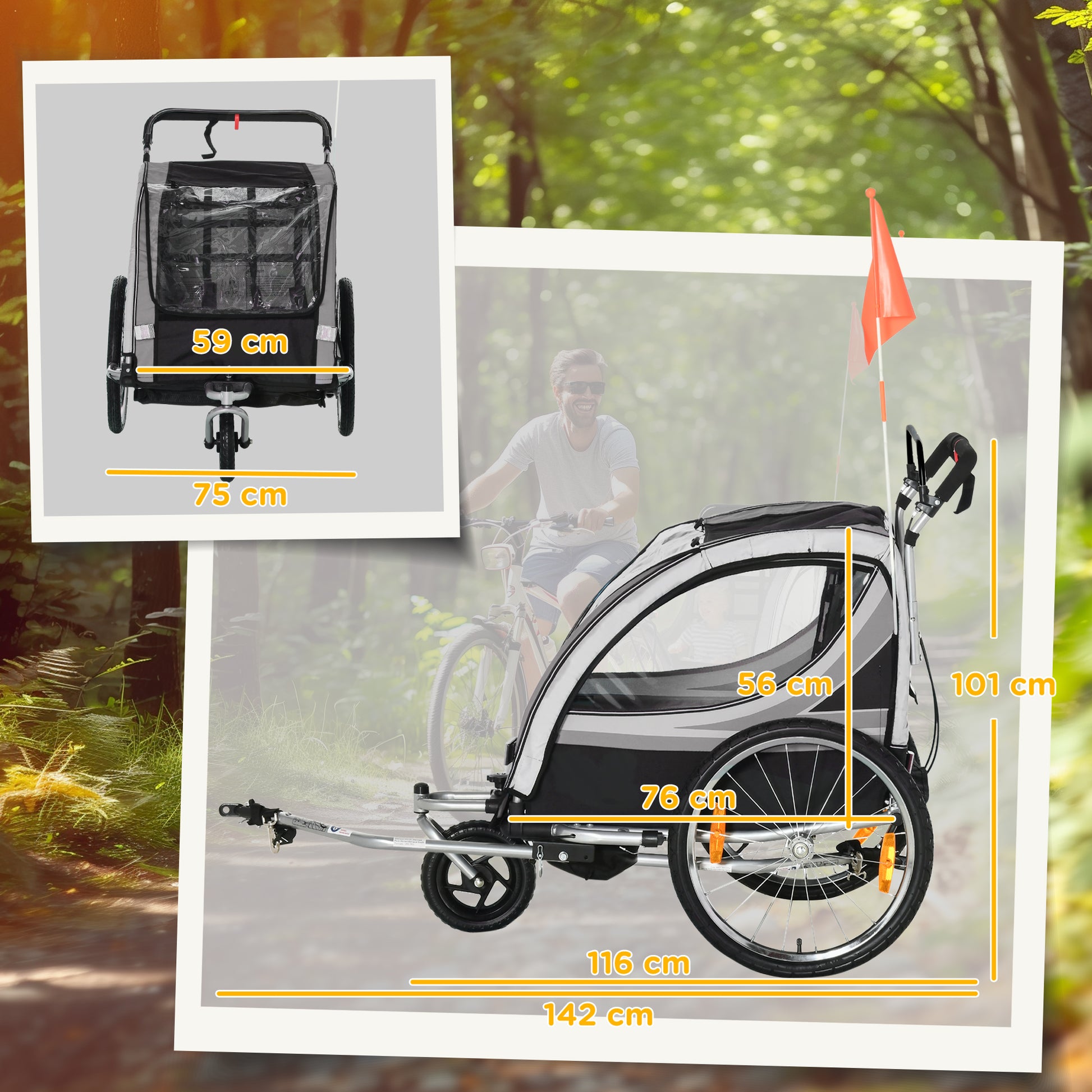 2 in 1 Kids Bike Trailer Folding Bicycle Trailer with Removable Front Wheel, Rear Brakes, Kids Bike Trailer for 2 Children from 18 Months, up to 26.4 kg Load Capacity, Gray
