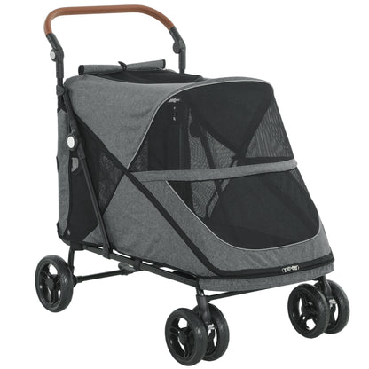 Foldable Dog Stroller – Up to 88 lb, 4-Wheel Suspension, 360° Swivel Front Wheels, Washable Cushion, Adjustable Handle, Gray