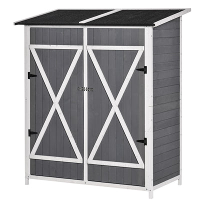 Garden Cabinet Tool Shed with 2 Doors Tool Cabinet with Asphalt Roof Garden Storage Cabinet Anti-dumping Design with Ground Nails Fir Wood Gray+White 139 x 75 x 160 cm