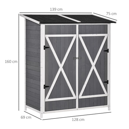 Garden Cabinet Tool Shed with 2 Doors Tool Cabinet with Asphalt Roof Garden Storage Cabinet Anti-dumping Design with Ground Nails Fir Wood Gray+White 139 x 75 x 160 cm