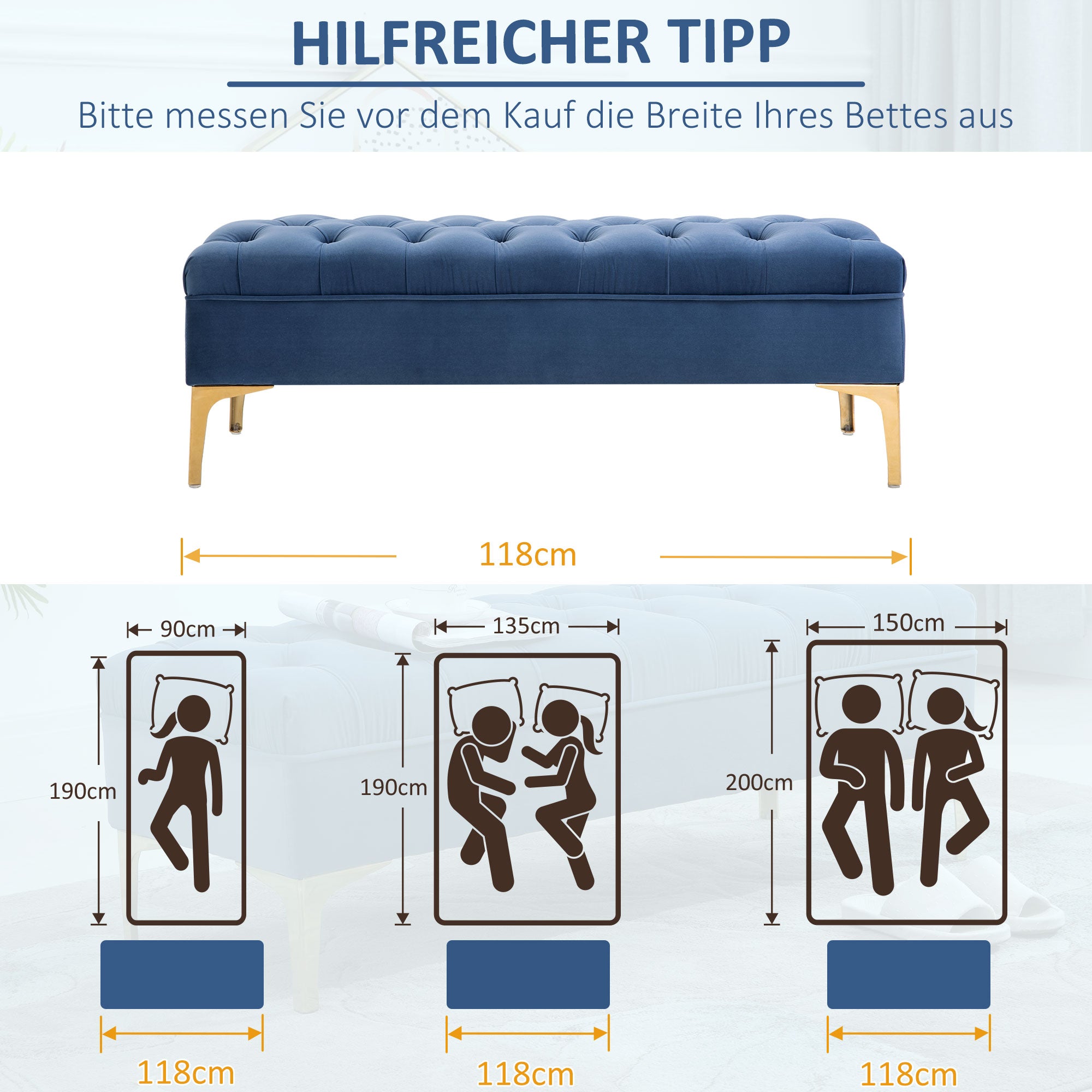 Bench, Bed Bench, Shoe Bench with Elevated Legs, Bedroom, Velvet Blue 118 x 45 x 42 cm