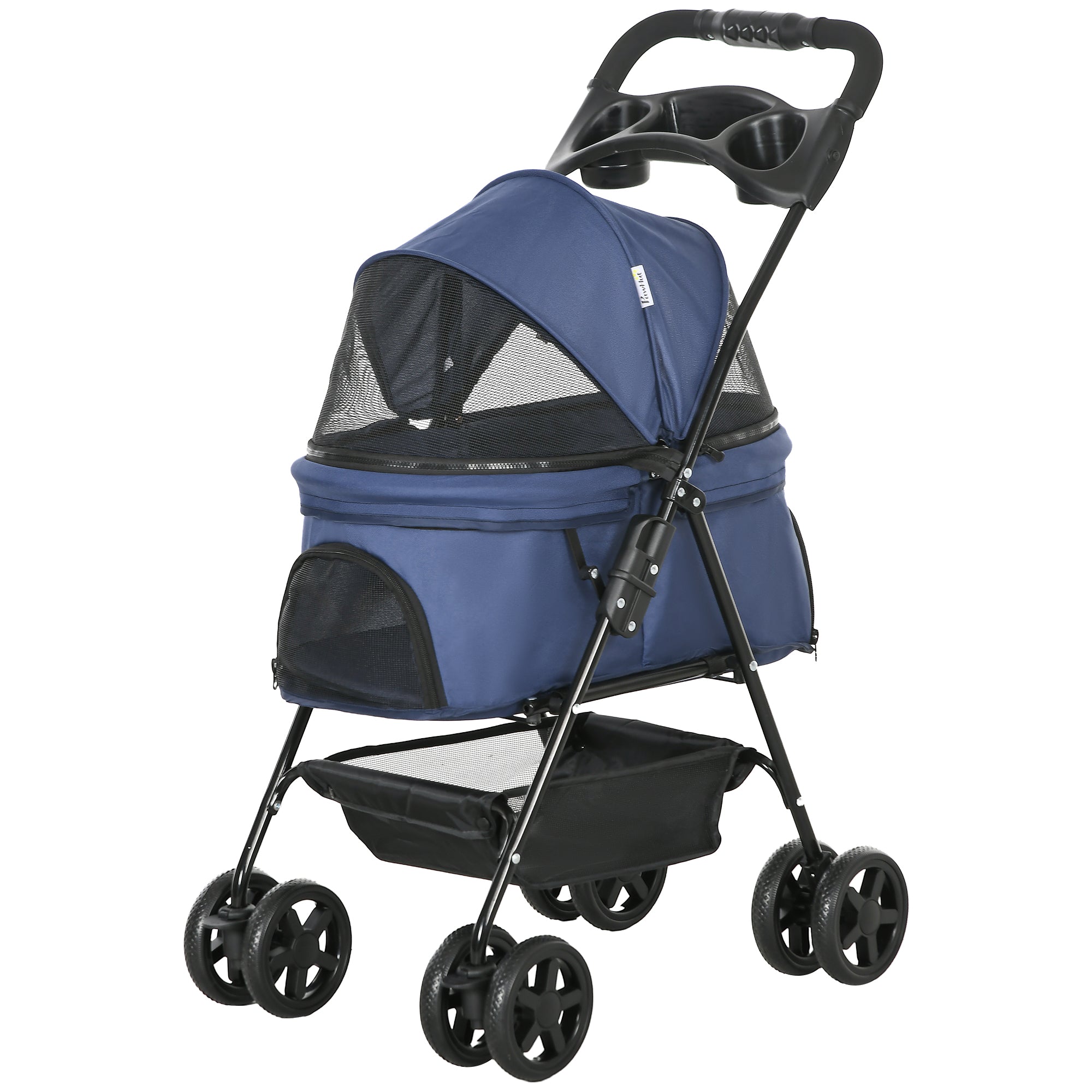 Folding Dog Stroller Small Pet Carrier with Universal Wheels Storage Basket Safety Straps and Window Load 15 kg 67x45x96 cm Navy Blue