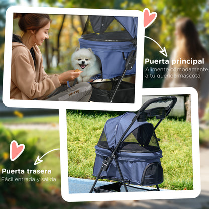Folding Dog Stroller Small Pet Carrier with Universal Wheels Storage Basket Safety Straps and Window Load 15 kg 67x45x96 cm Navy Blue