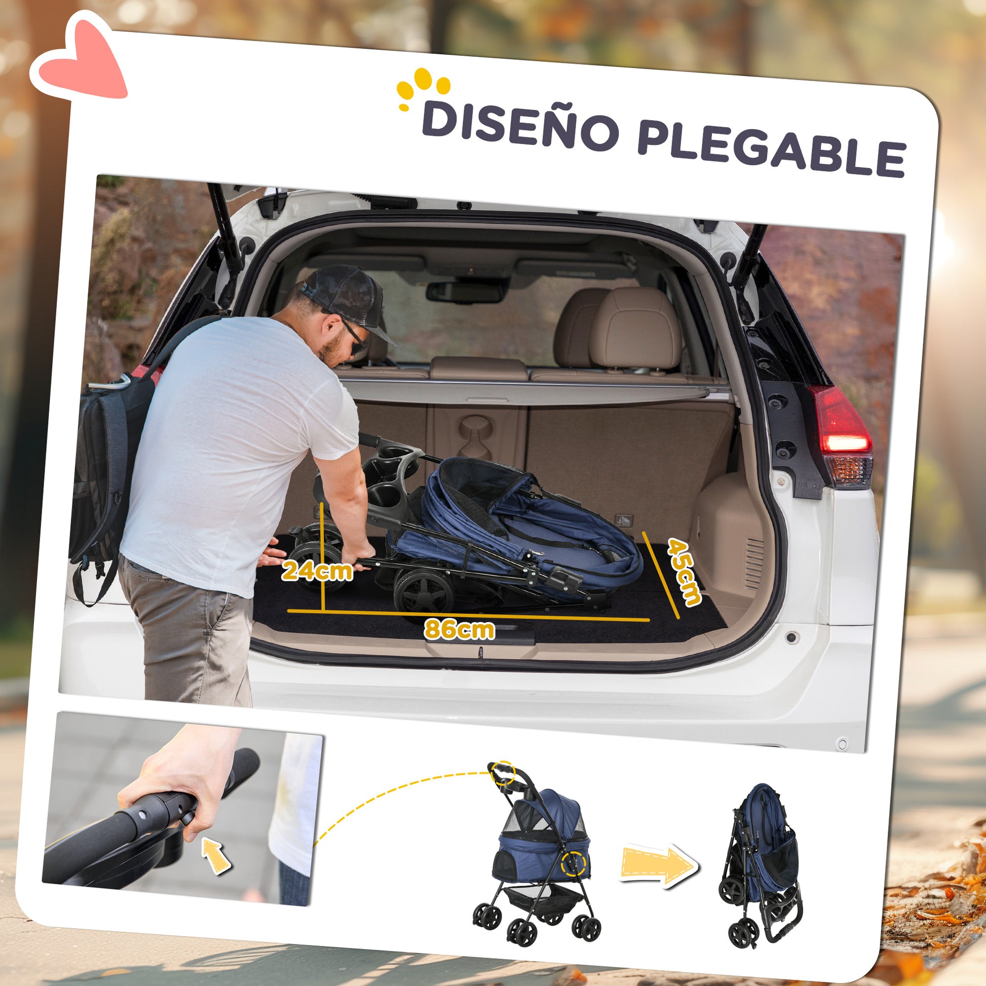 Folding Dog Stroller Small Pet Carrier with Universal Wheels Storage Basket Safety Straps and Window Load 15 kg 67x45x96 cm Navy Blue