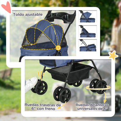 Folding Dog Stroller Small Pet Carrier with Universal Wheels Storage Basket Safety Straps and Window Load 15 kg 67x45x96 cm Navy Blue