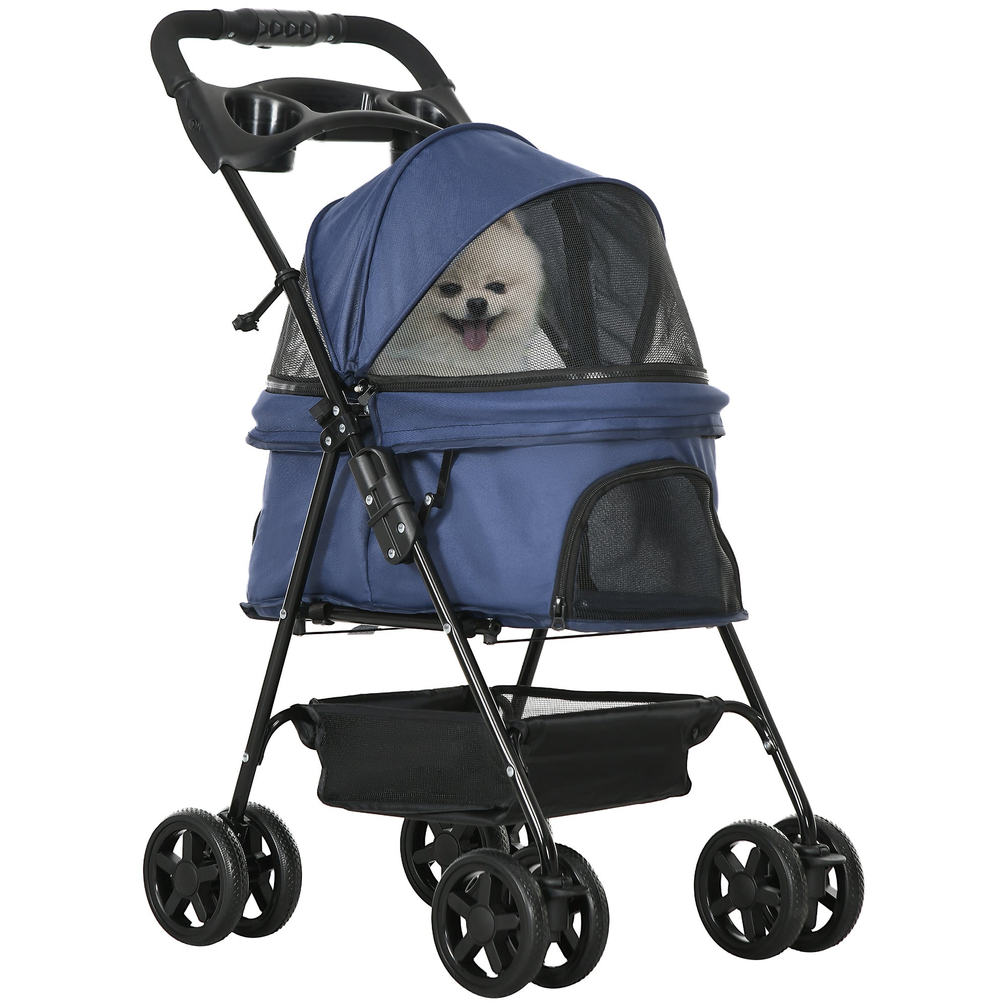 Folding Dog Stroller Small Pet Carrier with Universal Wheels Storage Basket Safety Straps and Window Load 15 kg 67x45x96 cm Navy Blue