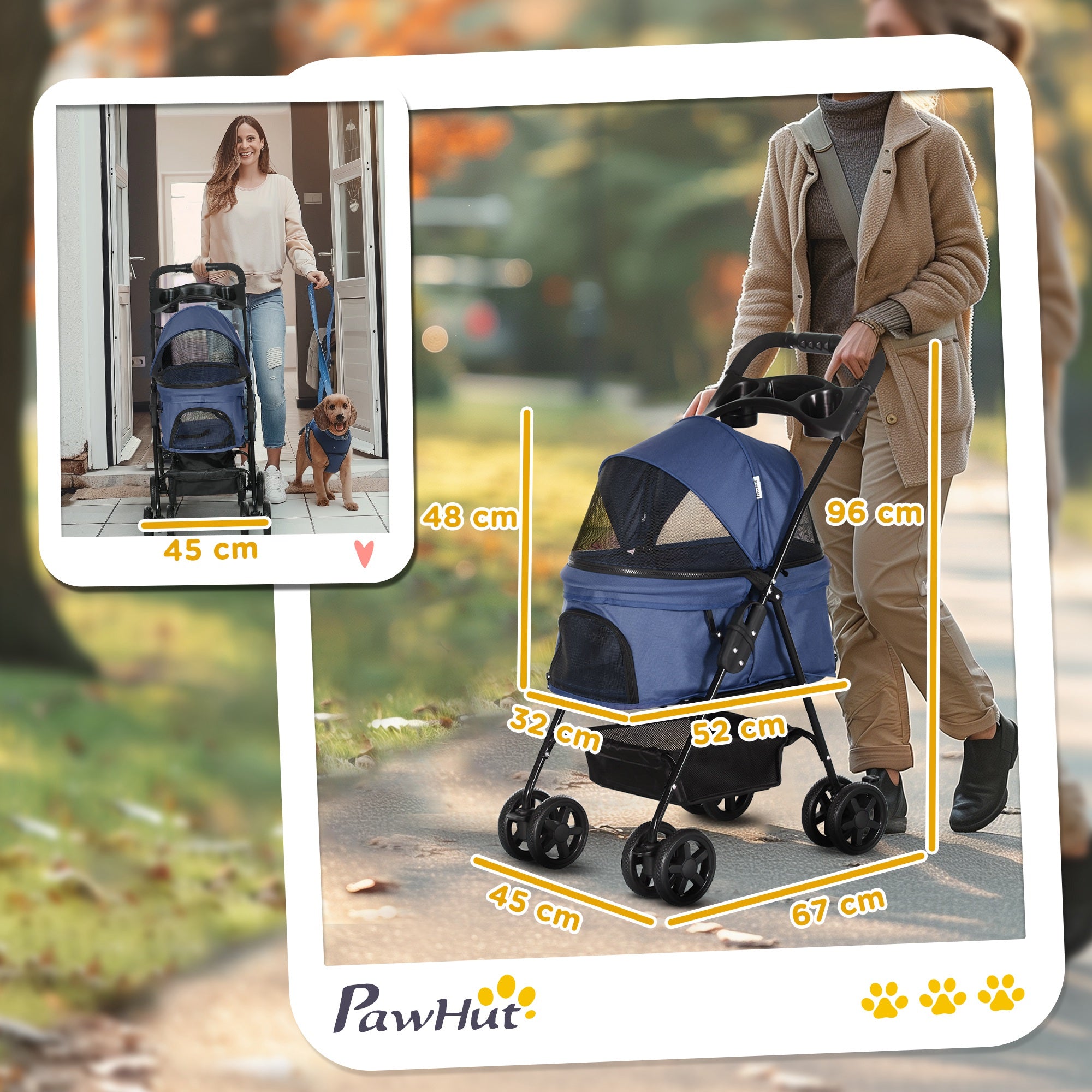 Folding Dog Stroller Small Pet Carrier with Universal Wheels Storage Basket Safety Straps and Window Load 15 kg 67x45x96 cm Navy Blue