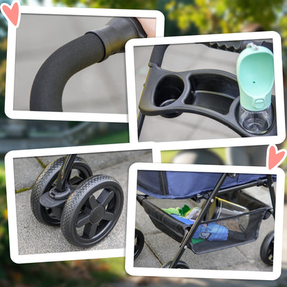 Folding Dog Stroller Small Pet Carrier with Universal Wheels Storage Basket Safety Straps and Window Load 15 kg 67x45x96 cm Navy Blue