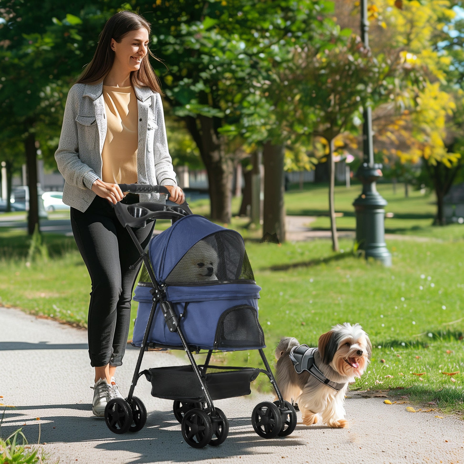 Folding Dog Stroller Small Pet Carrier with Universal Wheels Storage Basket Safety Straps and Window Load 15 kg 67x45x96 cm Navy Blue