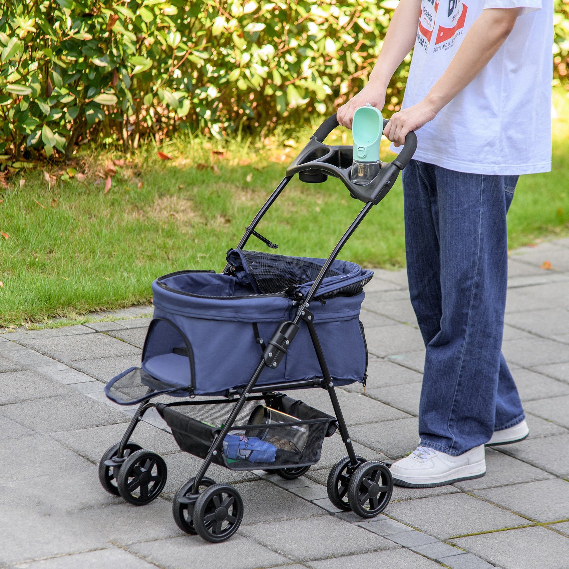Folding Dog Stroller Small Pet Carrier with Universal Wheels Storage Basket Safety Straps and Window Load 15 kg 67x45x96 cm Navy Blue