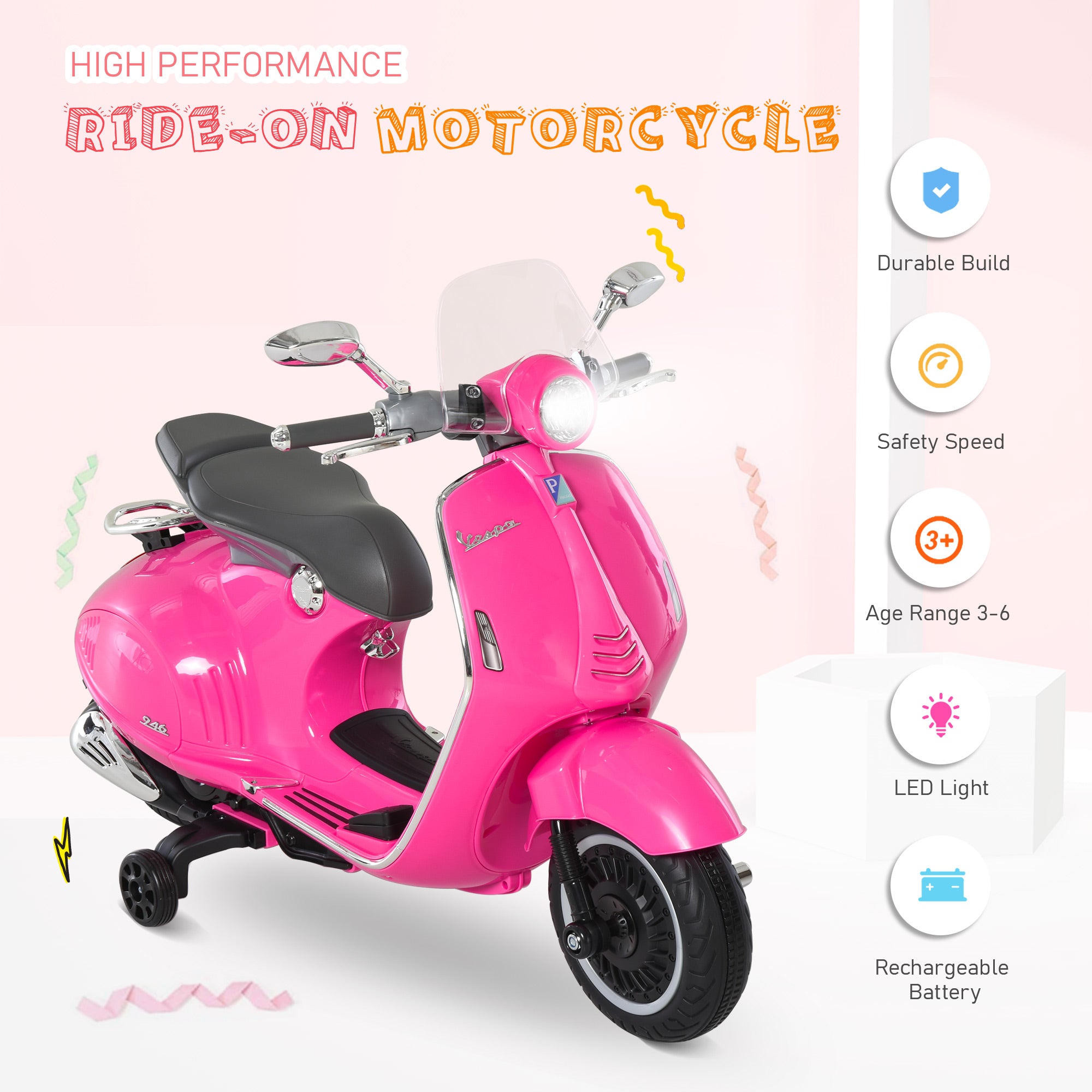 Kids Electric Motorcycle, 6V Children's Motorcycle with Headlights, Music, Forward and Reverse Gears, Training Wheels, 30 kg Capacity, Electric Motorcycle for 3-6 Year Old Kids, Pink