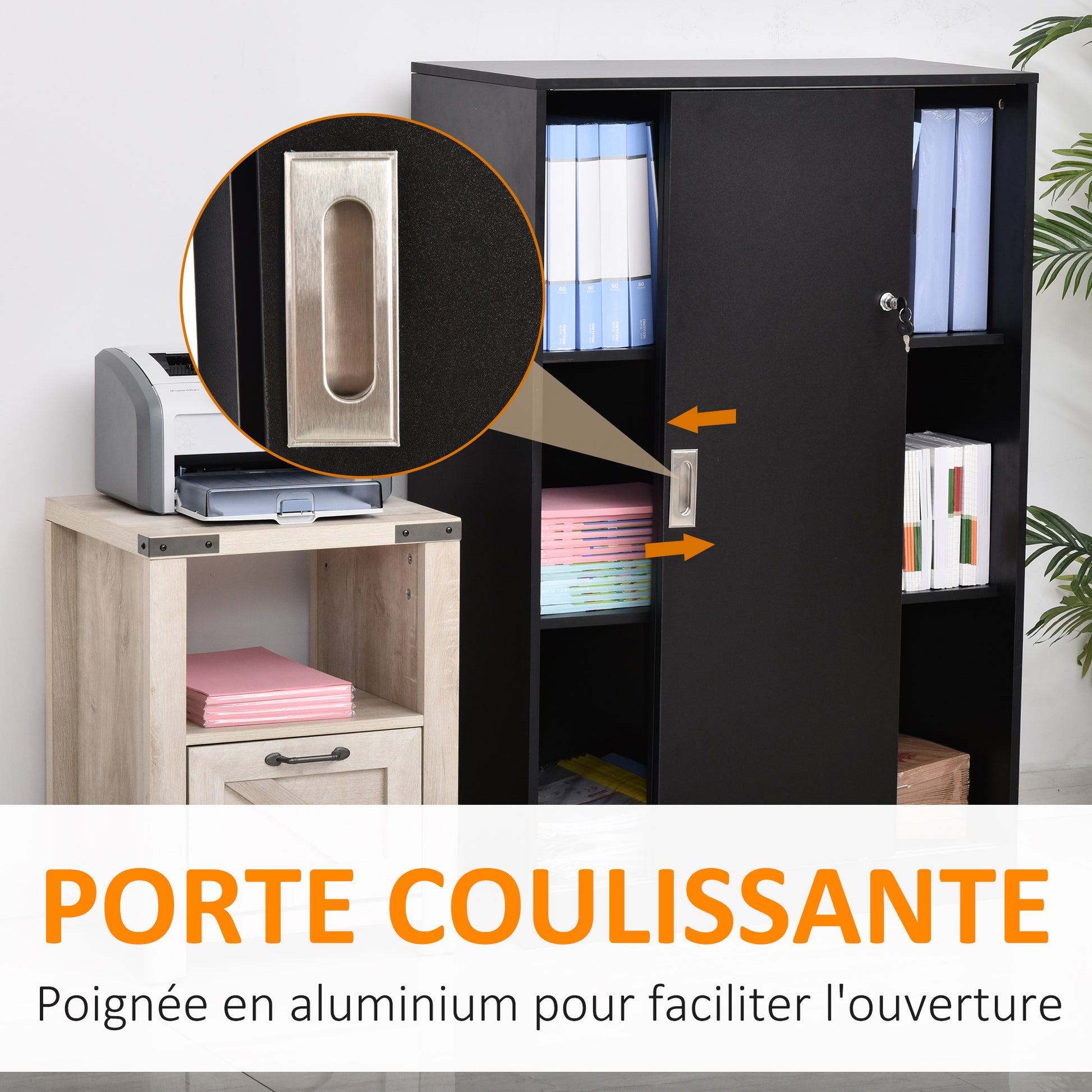 Lockable Sliding Door Office Cabinet dim. 80L x 40W x 120H cm 2 Shelves Particle Board Black
