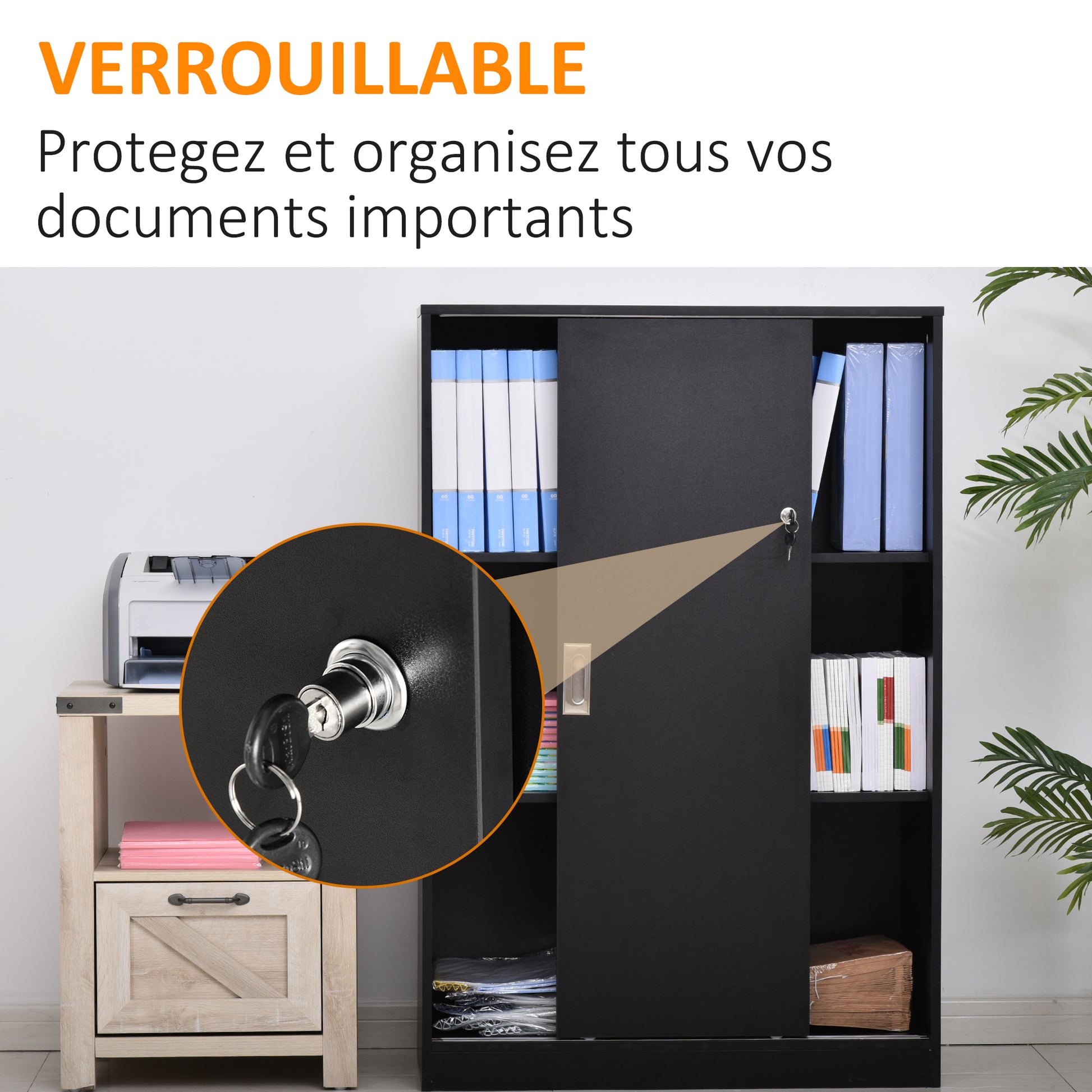 Lockable Sliding Door Office Cabinet dim. 80L x 40W x 120H cm 2 Shelves Particle Board Black