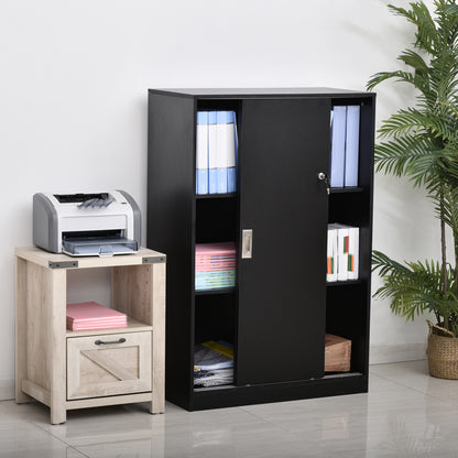 Lockable Sliding Door Office Cabinet dim. 80L x 40W x 120H cm 2 Shelves Particle Board Black