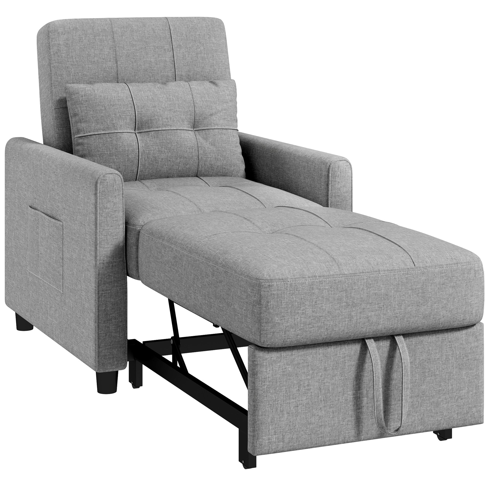 Single Armchair Bed with 3-Level Reclining Backrest, 2 Wheels and Cushion, Folding Single Sofa Bed for Living Room in Linen Effect Fabric and Wood, 69x82x85cm, Light Gray
