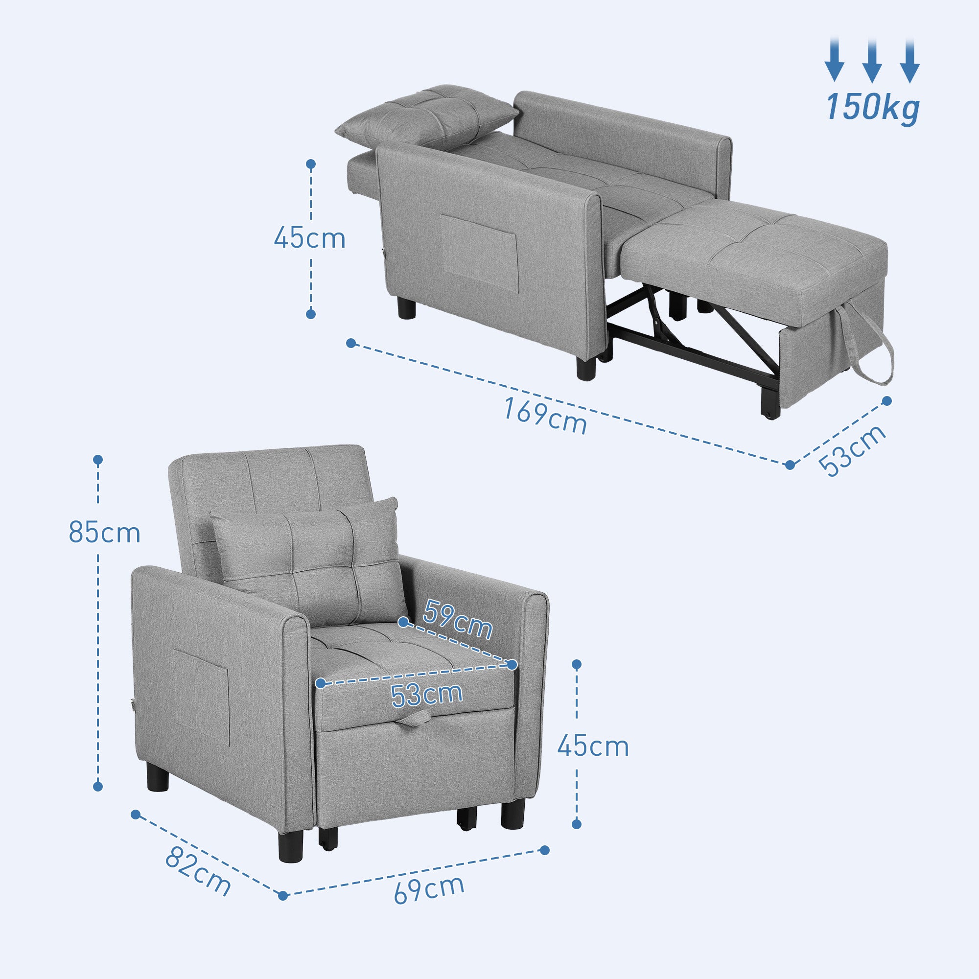 Single Armchair Bed with 3-Level Reclining Backrest, 2 Wheels and Cushion, Folding Single Sofa Bed for Living Room in Linen Effect Fabric and Wood, 69x82x85cm, Light Gray
