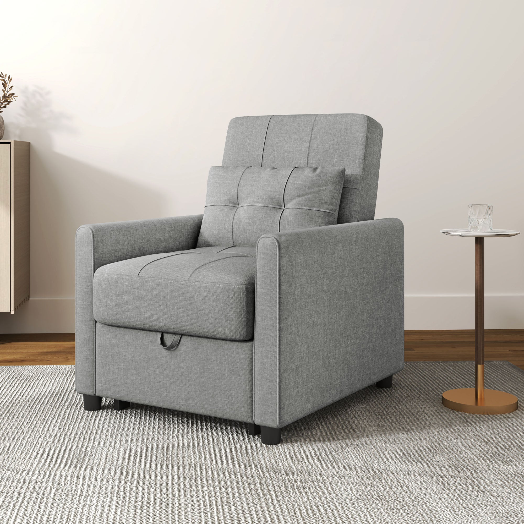 Single Armchair Bed with 3-Level Reclining Backrest, 2 Wheels and Cushion, Folding Single Sofa Bed for Living Room in Linen Effect Fabric and Wood, 69x82x85cm, Light Gray