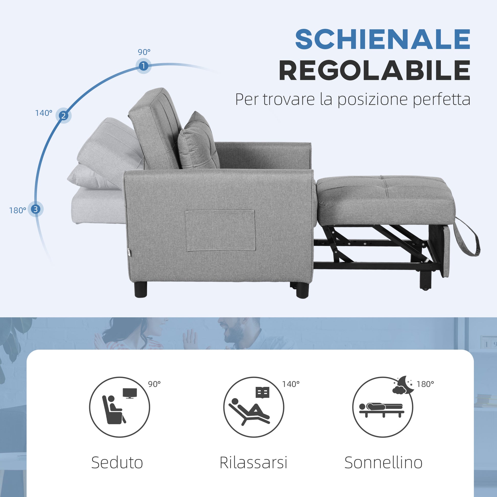 Single Armchair Bed with 3-Level Reclining Backrest, 2 Wheels and Cushion, Folding Single Sofa Bed for Living Room in Linen Effect Fabric and Wood, 69x82x85cm, Light Gray