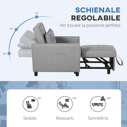 Single Armchair Bed with 3-Level Reclining Backrest, 2 Wheels and Cushion, Folding Single Sofa Bed for Living Room in Linen Effect Fabric and Wood, 69x82x85cm, Light Gray