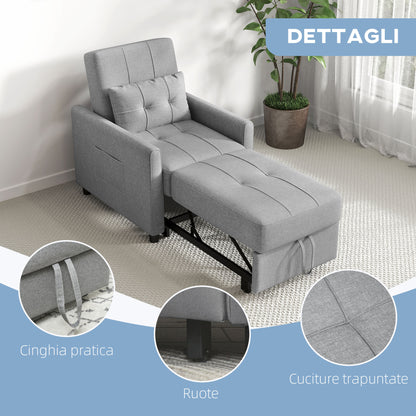 Single Armchair Bed with 3-Level Reclining Backrest, 2 Wheels and Cushion, Folding Single Sofa Bed for Living Room in Linen Effect Fabric and Wood, 69x82x85cm, Light Gray
