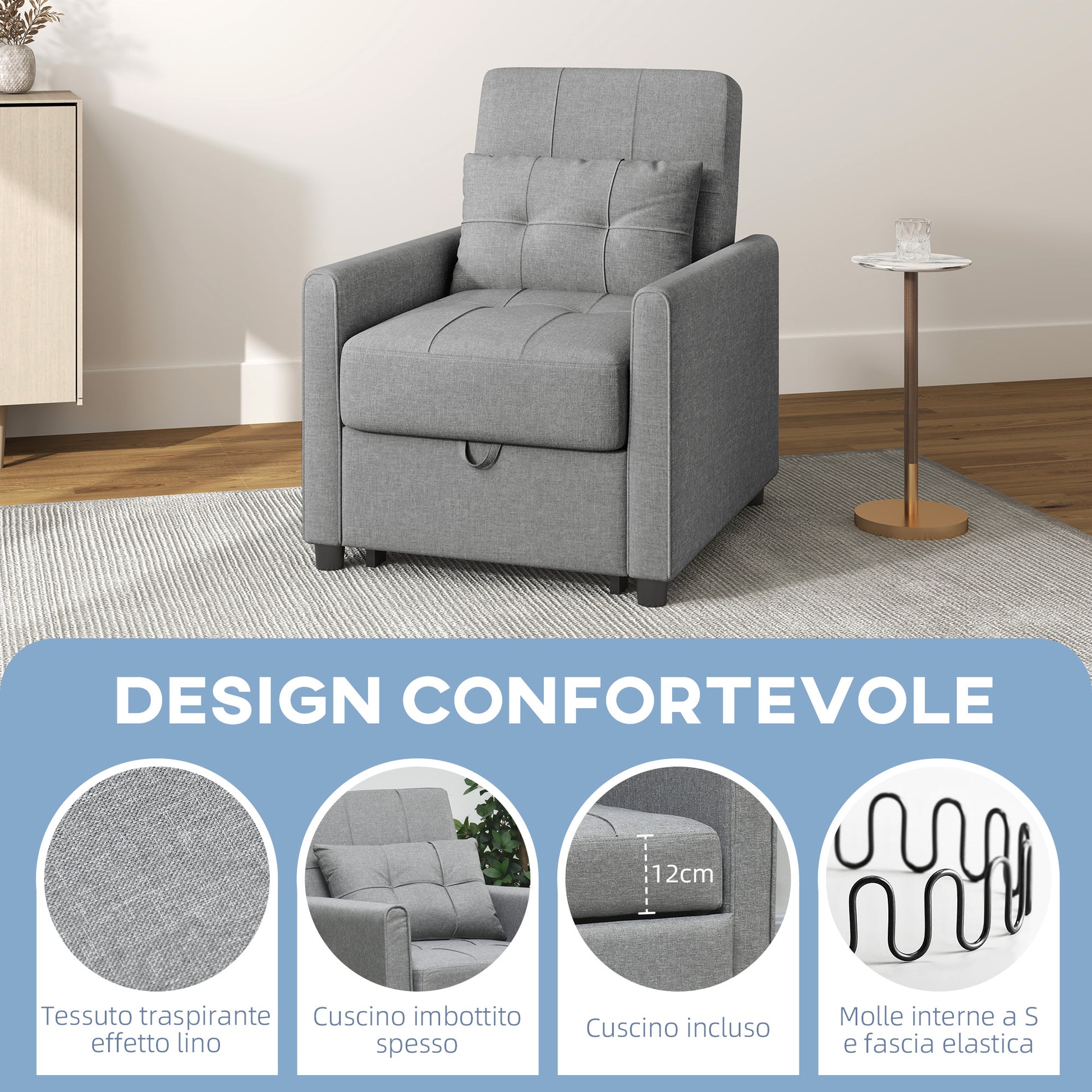 Single Armchair Bed with 3-Level Reclining Backrest, 2 Wheels and Cushion, Folding Single Sofa Bed for Living Room in Linen Effect Fabric and Wood, 69x82x85cm, Light Gray