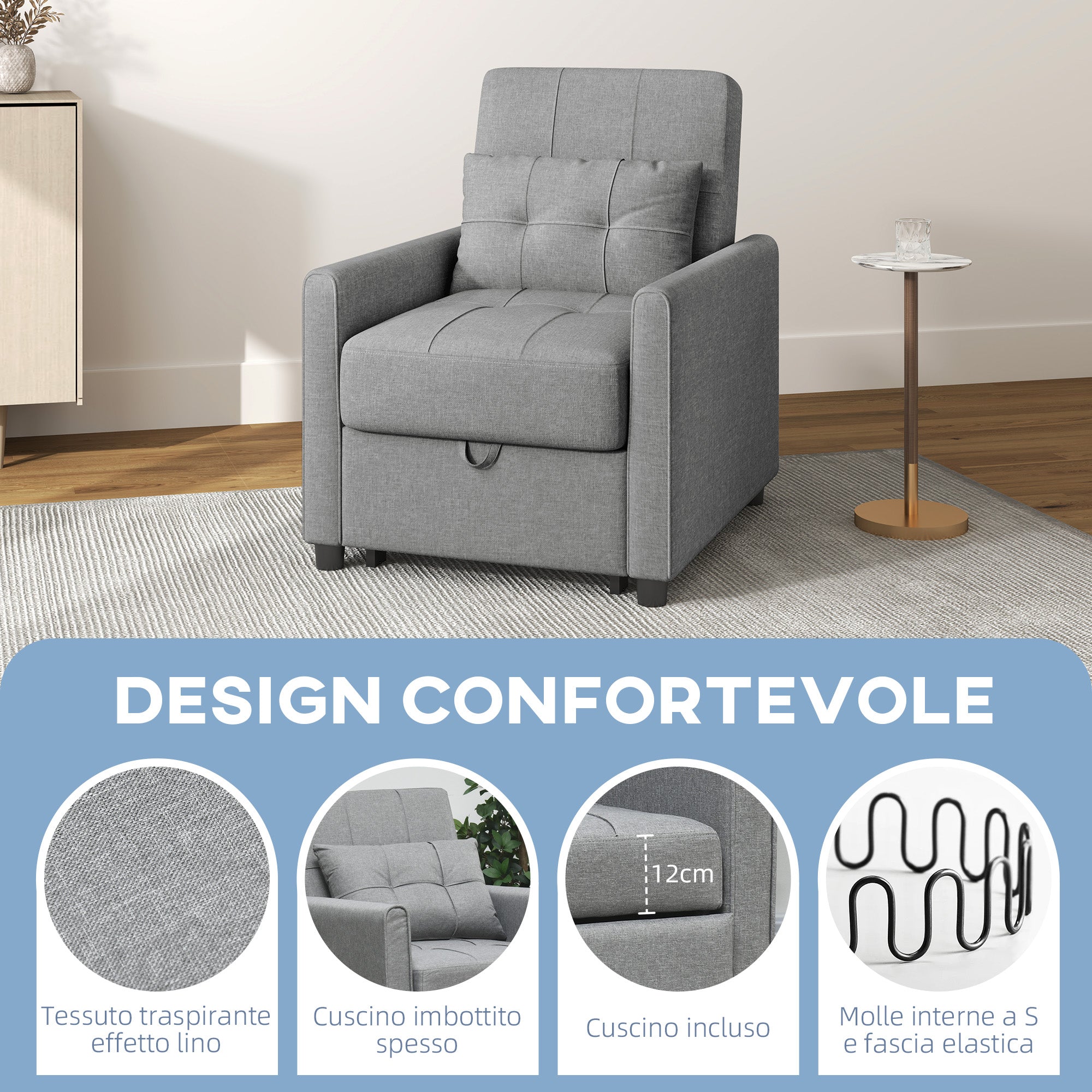 Single Armchair Bed with 3-Level Reclining Backrest, 2 Wheels and Cushion, Folding Single Sofa Bed for Living Room in Linen Effect Fabric and Wood, 69x82x85cm, Light Gray