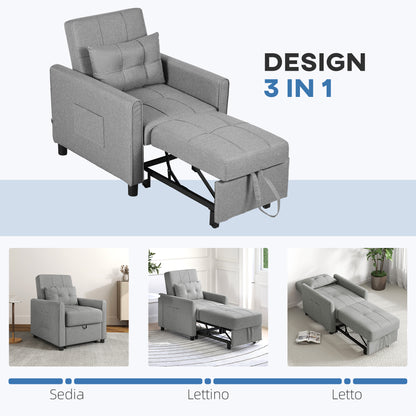 Single Armchair Bed with 3-Level Reclining Backrest, 2 Wheels and Cushion, Folding Single Sofa Bed for Living Room in Linen Effect Fabric and Wood, 69x82x85cm, Light Gray