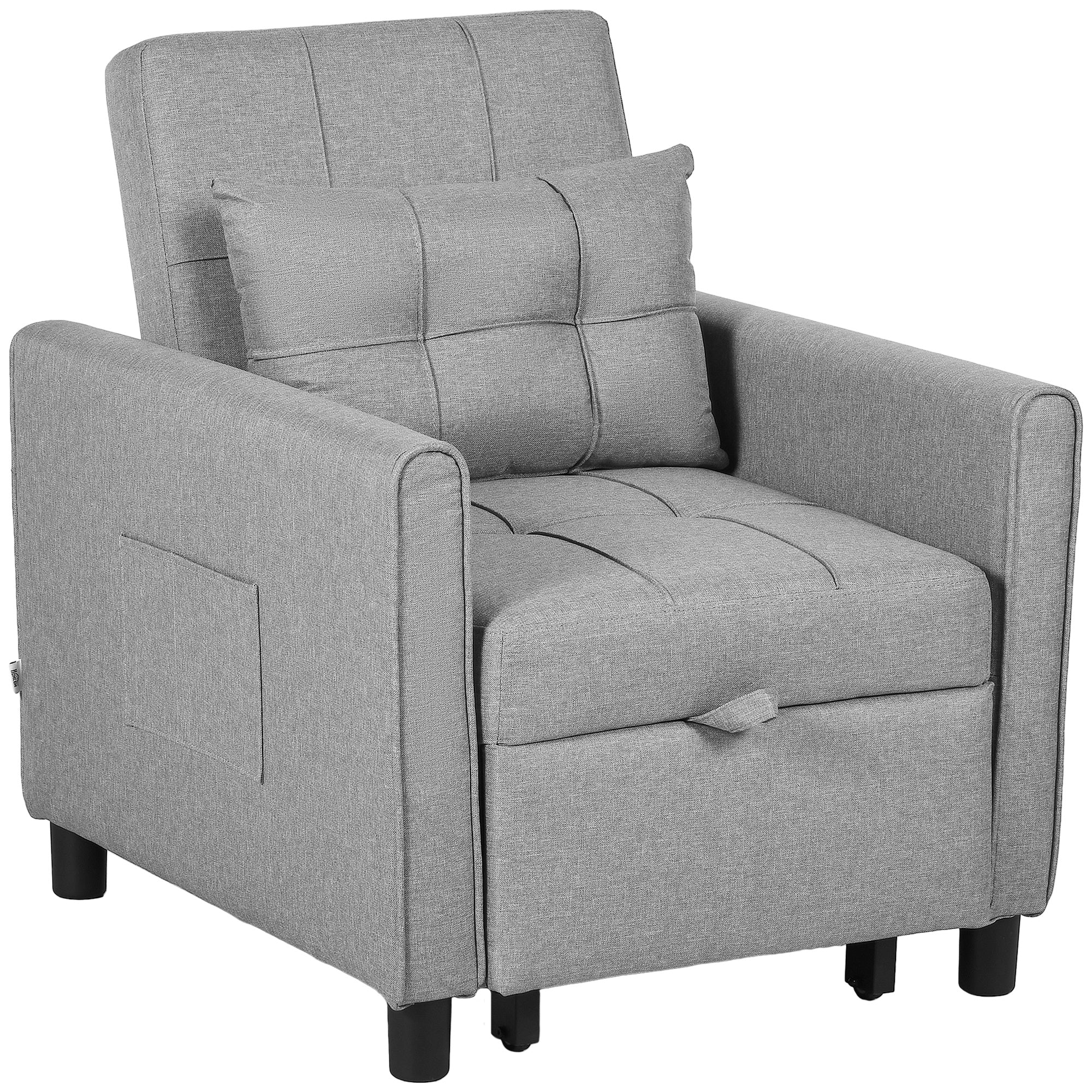 Single Armchair Bed with 3-Level Reclining Backrest, 2 Wheels and Cushion, Folding Single Sofa Bed for Living Room in Linen Effect Fabric and Wood, 69x82x85cm, Light Gray