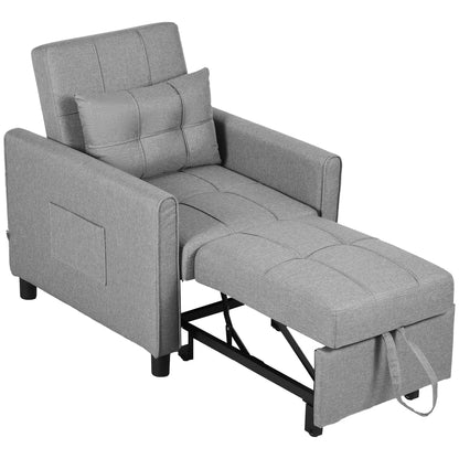 Single Armchair Bed with 3-Level Reclining Backrest, 2 Wheels and Cushion, Folding Single Sofa Bed for Living Room in Linen Effect Fabric and Wood, 69x82x85cm, Light Gray