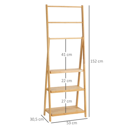 Bamboo Freestanding Towel Rack with 3 Bars Folding Ladder Towel Rack with 3 Storage Shelves for Bathroom Laundry Room 53x30.5x152 cm Natural