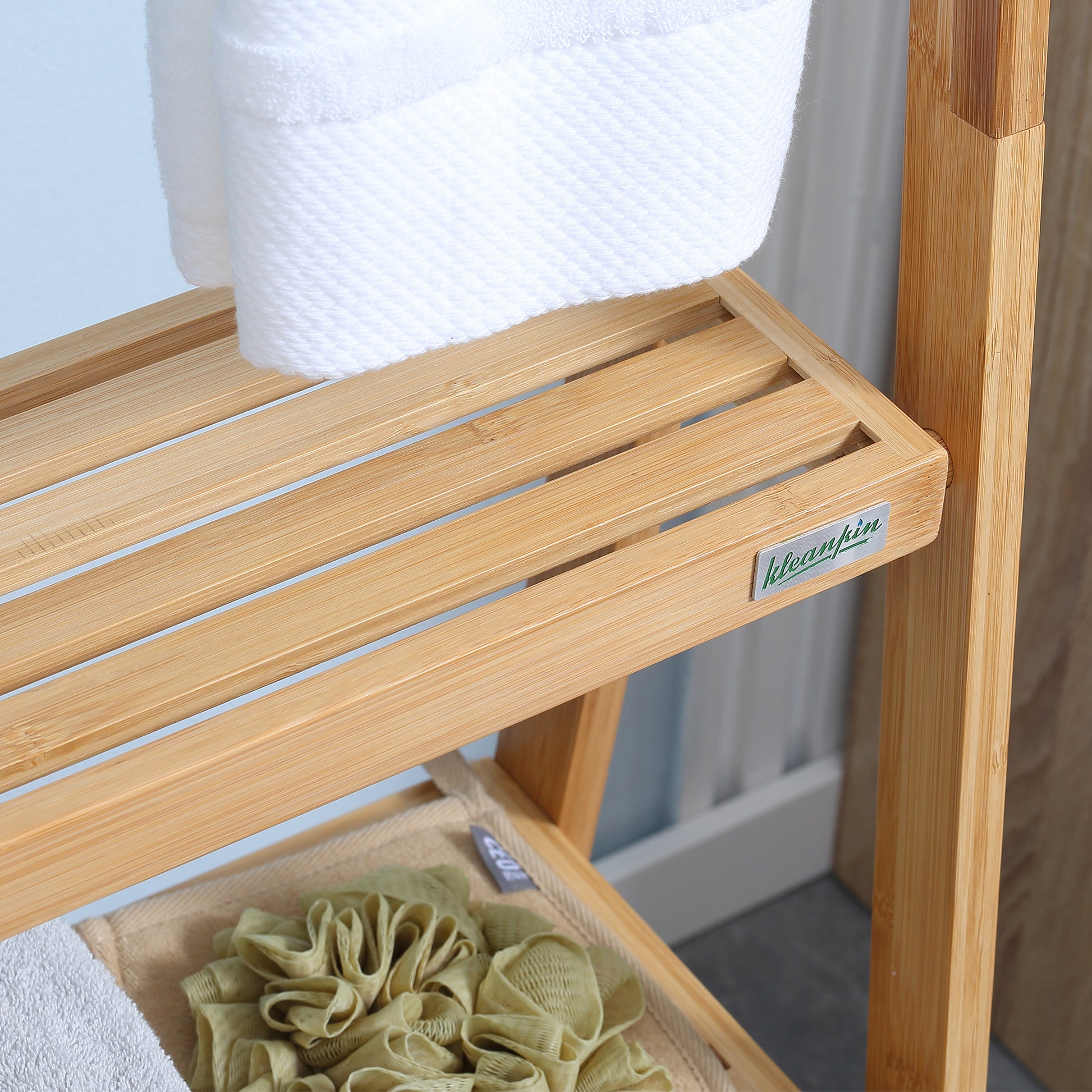 Bamboo Freestanding Towel Rack with 3 Bars Folding Ladder Towel Rack with 3 Storage Shelves for Bathroom Laundry Room 53x30.5x152 cm Natural