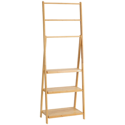 Bamboo Freestanding Towel Rack with 3 Bars Folding Ladder Towel Rack with 3 Storage Shelves for Bathroom Laundry Room 53x30.5x152 cm Natural
