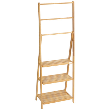 Bamboo Freestanding Towel Rack with 3 Bars Folding Ladder Towel Rack with 3 Storage Shelves for Bathroom Laundry Room 53x30.5x152 cm Natural