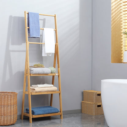 Bamboo Freestanding Towel Rack with 3 Bars Folding Ladder Towel Rack with 3 Storage Shelves for Bathroom Laundry Room 53x30.5x152 cm Natural