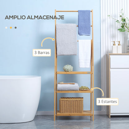 Bamboo Freestanding Towel Rack with 3 Bars Folding Ladder Towel Rack with 3 Storage Shelves for Bathroom Laundry Room 53x30.5x152 cm Natural