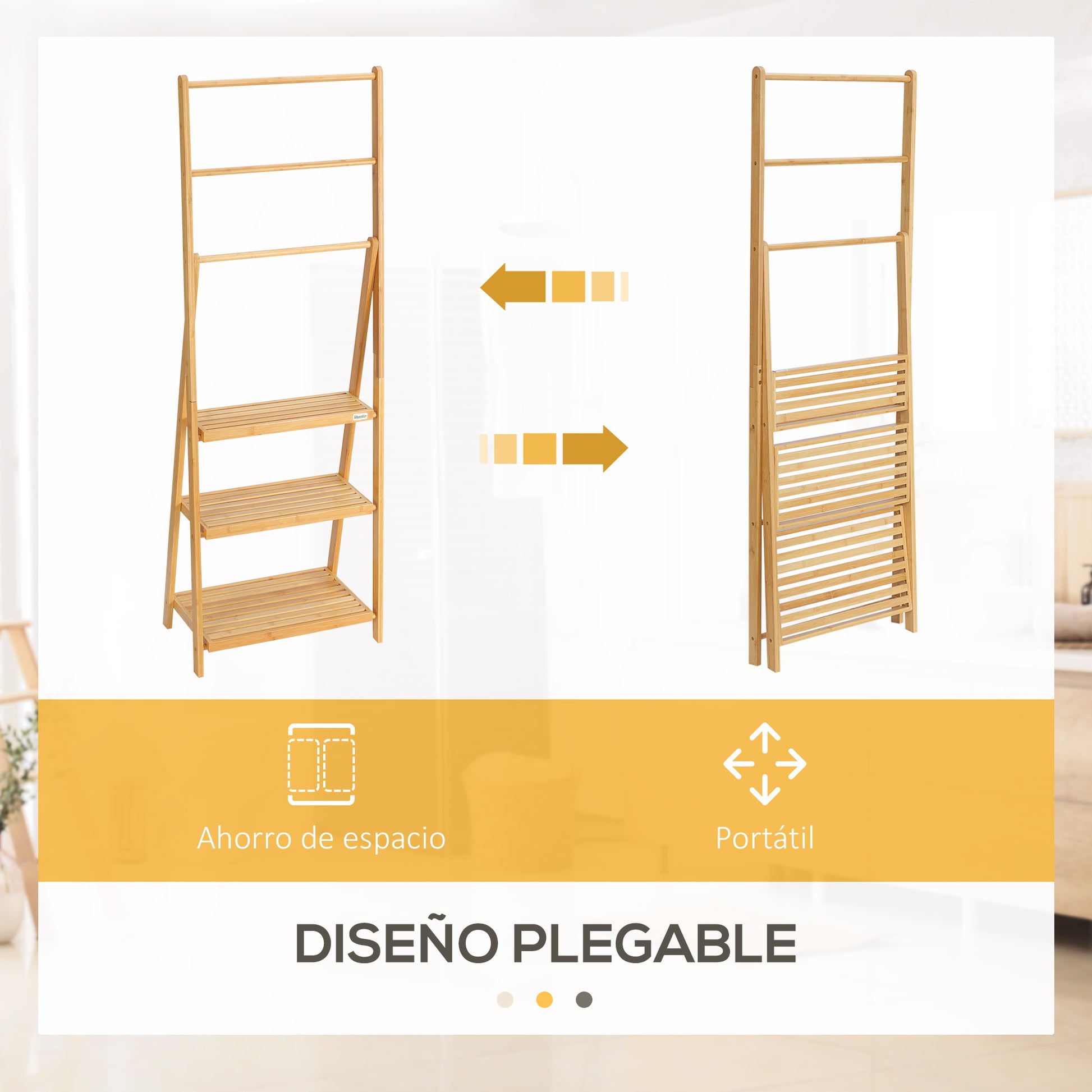 Bamboo Freestanding Towel Rack with 3 Bars Folding Ladder Towel Rack with 3 Storage Shelves for Bathroom Laundry Room 53x30.5x152 cm Natural
