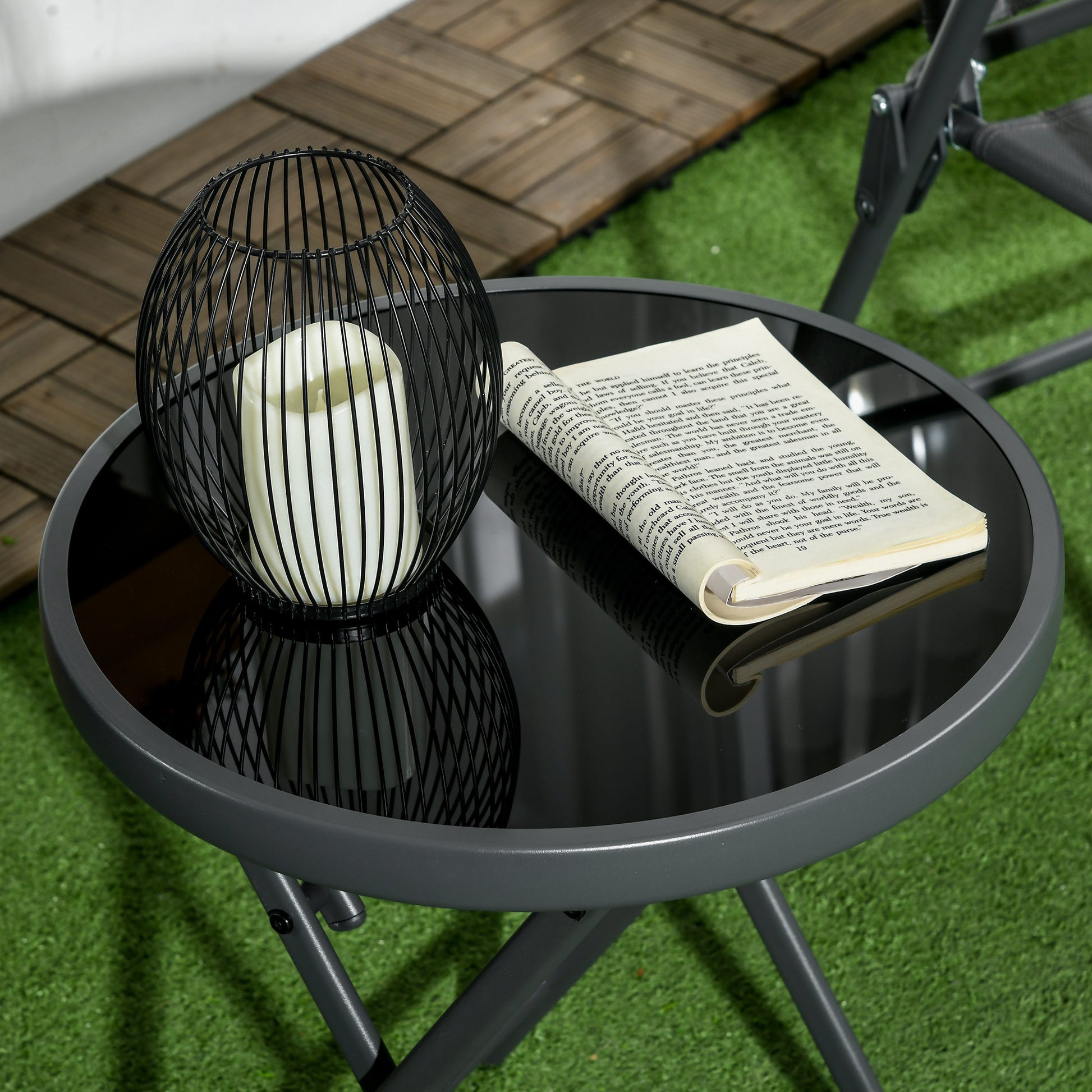 Folding Side Table, Glass Folding Table, Small Camping Table, Round End Table for Balcony, Patio, Living Room, Office, 45 x 45 x 50 cm, Black